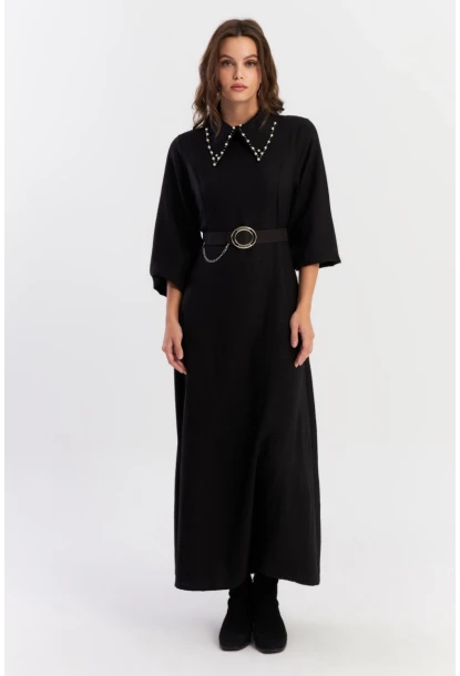 Kadın Siyah Kemerli İncili Maxi Elbise ALZ341
