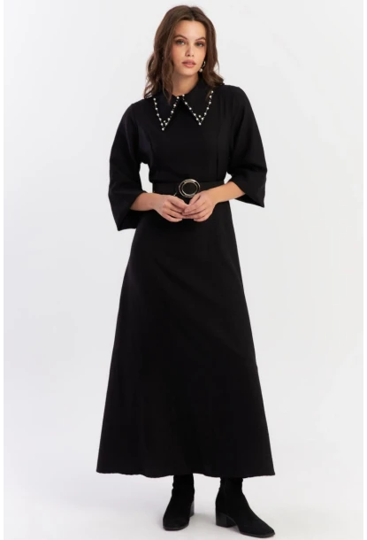 Kadın Siyah Kemerli İncili Maxi Elbise ALZ341