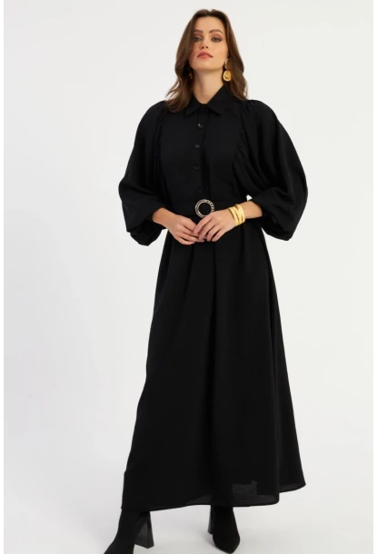 Kadın Siyah Kemerli Maxi Elbise MASF15