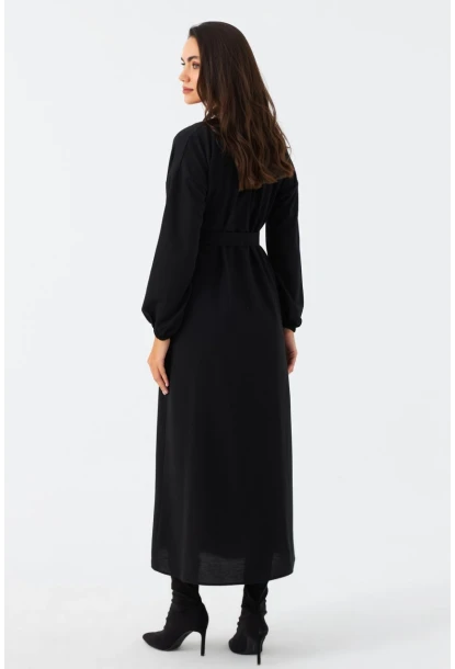 Kadın Siyah Kemerli Maxi Gömlek Elbise MASF17