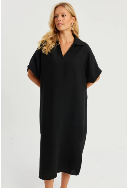 Kadın Siyah Keten Midi Elbise DMR85