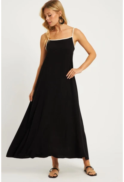 Kadın Siyah Keten Midi Elbise GÇ174