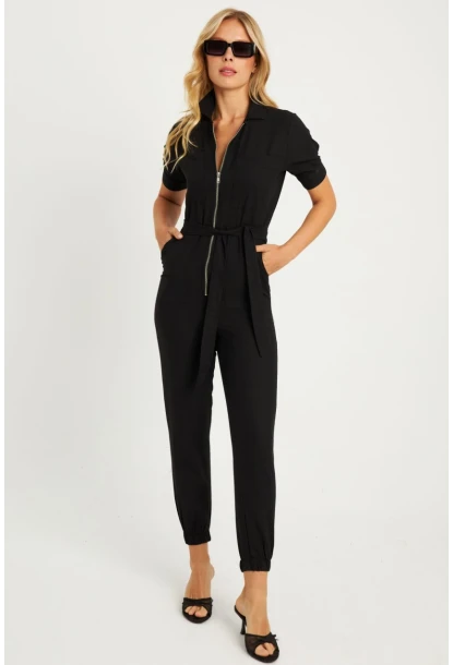 Kadın Siyah Keten Tulum YLE608