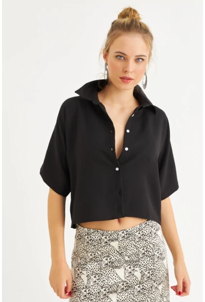 Kadın Siyah Kısa Kollu Crop Gömlek CNG117