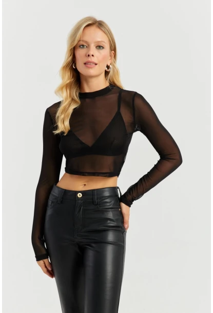 Kadın Siyah Kısa Tül Bluz MEN2027