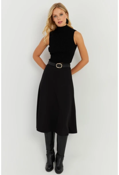 Kadın Siyah Kloş Midi Etek LV173