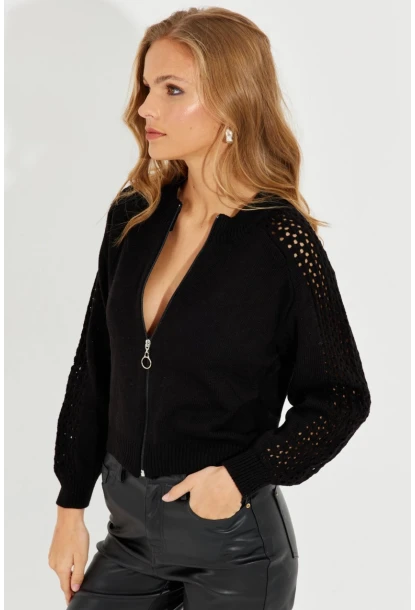 Kadın Siyah Kolları Ajurlu Fermuarlı Triko Ceket KZ2491