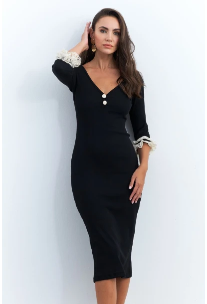 Kadın Siyah Kolları Dantel Detaylı Kaşkorse Midi Elbise EY2955