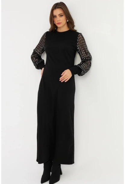 Kadın Siyah Kolları Parlak Tül Detaylı Maxi Elbise MBK56
