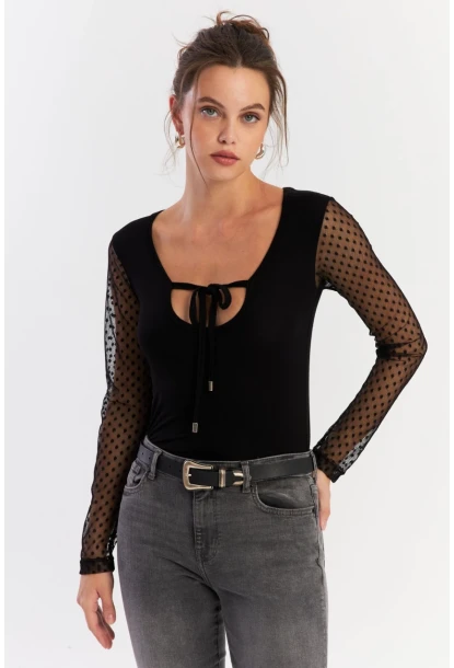 Kadın Siyah Kolları Tül Bluz EY2917