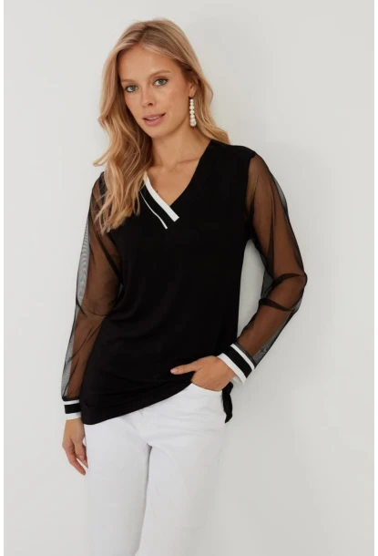 Kadın Siyah Kolları Tül Bluz ST832