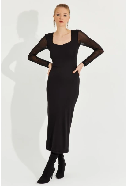 Kadın Siyah Kolları Tül Midi Elbise EY2599