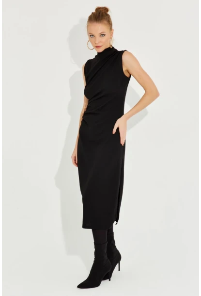 Kadın Siyah Kolsuz Midi Elbise KED4048