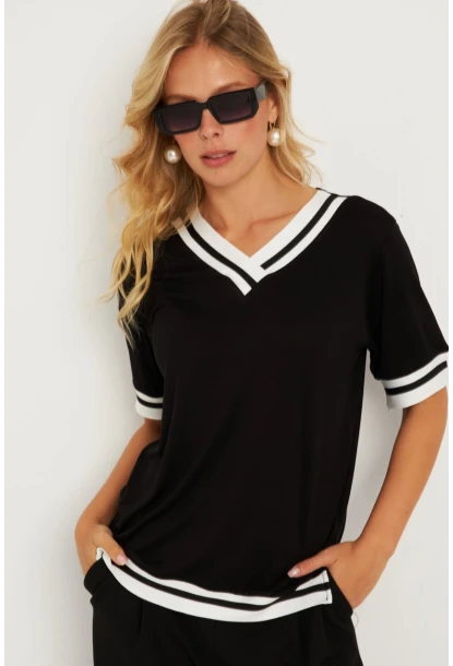 Kadın Siyah Kontrast Bluz ST836