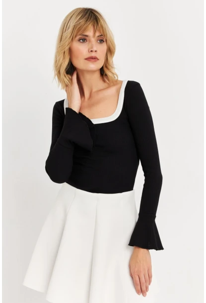 Kadın Siyah Kontrast Yaka İspanyol Kol Bluz ALB3105