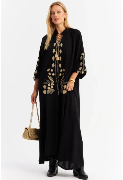 Kadın Siyah Kordon Detaylı Nakışlı Maxi Elbise MALO3