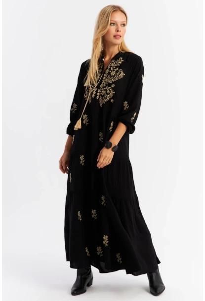 Kadın Siyah Kordon Detaylı Nakışlı Maxi Elbise MALO5