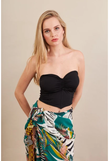 Kadın Siyah Korse Dikişli Crop Bluz AN6025