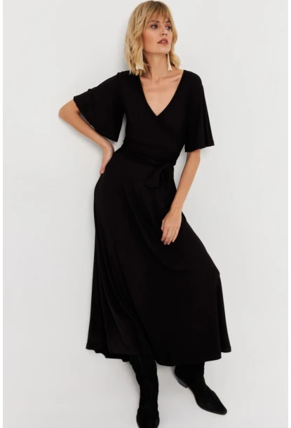 Kadın Siyah Kruvaze Bağlamalı Maxi Elbise EY3038