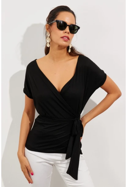 Kadın Siyah Kruvaze Bluz EY2496