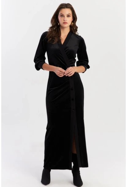 Kadın Siyah Kruvaze Büzgülü Kadife Maxi Elbise ALO1007