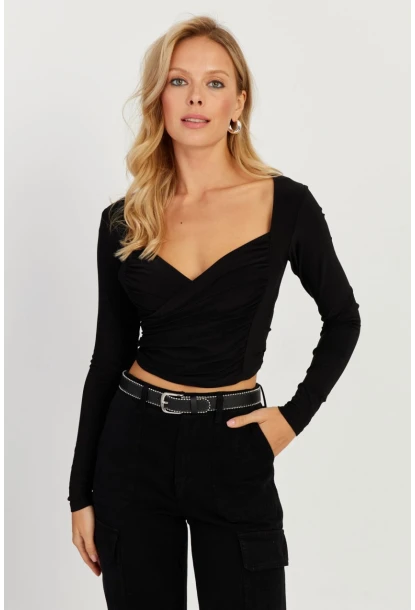 Kadın Siyah Kruvaze Crop Bluz LPP1252