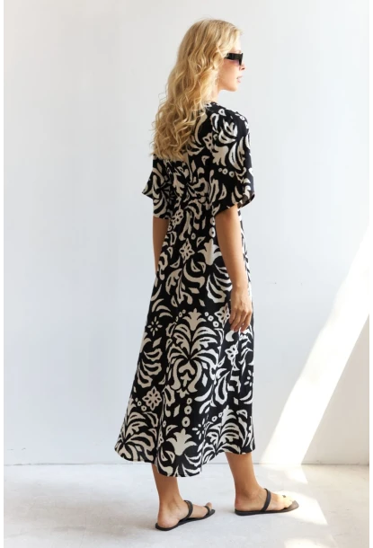 Kadın Siyah Kruvaze Desenli Midi Elbise YZ1152