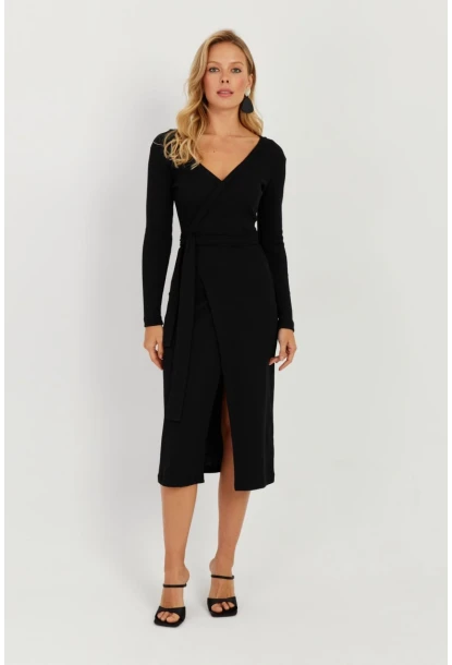 Kadın Siyah Kruvaze Kaşkorse Midi Elbise EY2703