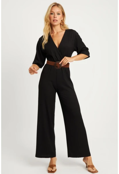 Kadın Siyah Kruvaze Kemerli Bürümcük Tulum XL2009