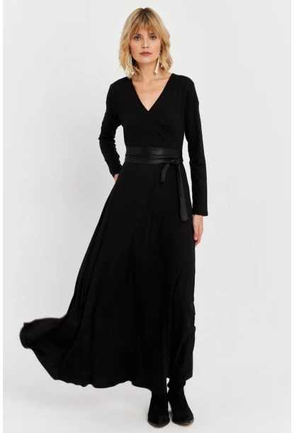 Kadın Siyah Kruvaze Maxi Elbise VTN3
