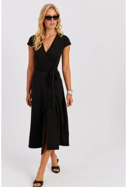 Kadın Siyah Kruvaze Midi Elbise EY2785