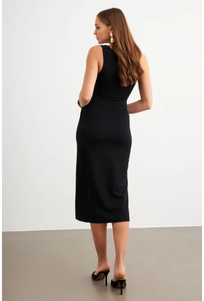 Kadın Siyah Kruvaze Midi Elbise LİT1096