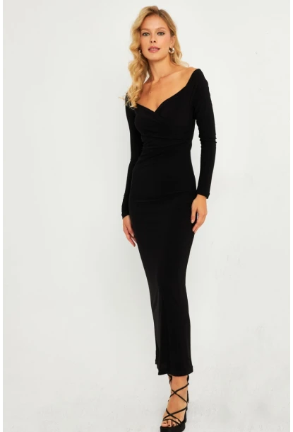 Kadın Siyah Kruvaze Midi Yılbaşı Elbise LİK04