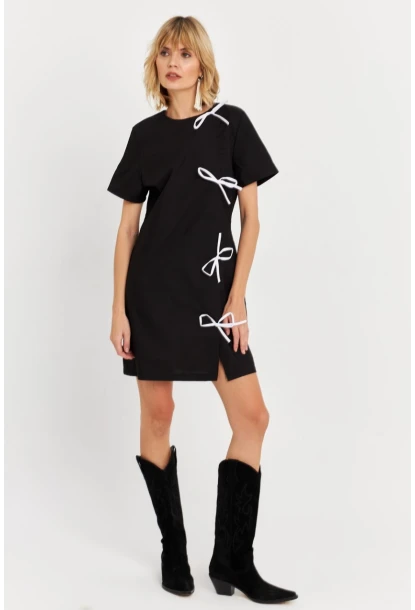 Kadın Siyah Kurdele Detaylı Mini Elbise DAF5025