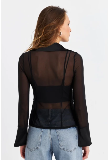 Kadın Siyah Kuşgözlü Tül Gömlek YEL221539