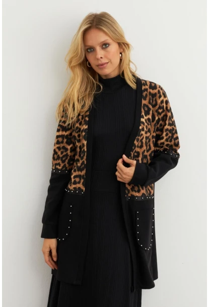 Kadın Siyah Leopar Bloklu Hırka MPK812
