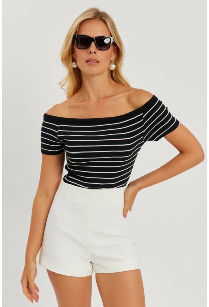 Kadın Siyah Madonna Yaka Çizgili Kaşkorse Bluz AYD311