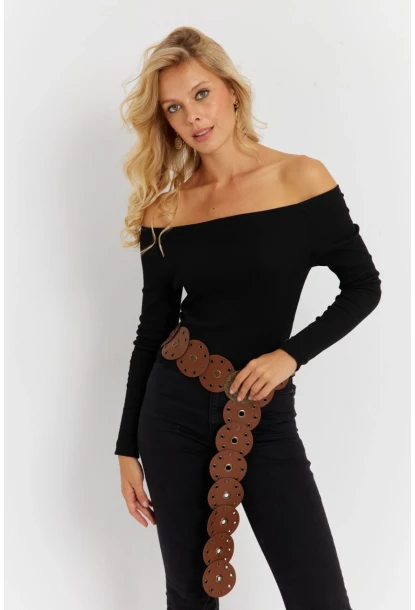 Kadın Siyah Madonna Yaka Kaşkorse Bluz EY2852
