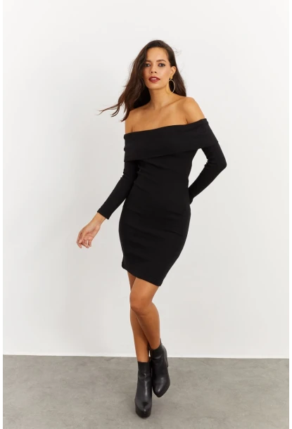 Kadın Siyah Madonna Yaka Kaşkorse Elbise CG272