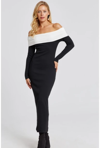 Kadın Siyah Madonna Yaka Maxi Elbise EY2696