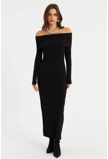 Kadın Siyah Madonna Yaka Maxi Elbise LİK10