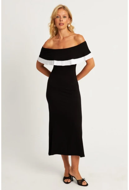 Kadın Siyah Madonna Yaka Midi Elbise EY2840