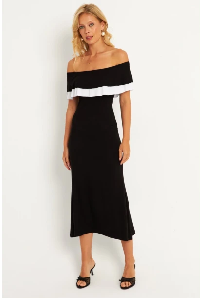 Kadın Siyah Madonna Yaka Midi Elbise EY2840