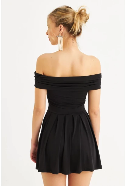 Kadın Siyah Madonna Yaka Midi Elbise MON1262-1