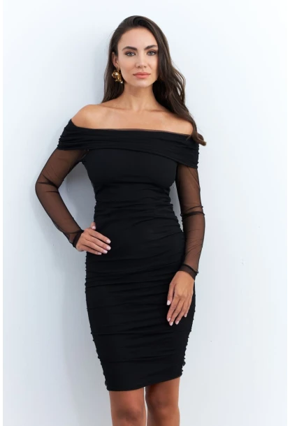 Kadın Siyah Madonna Yaka Midi Tül Yılbaşı Elbise ELT4033