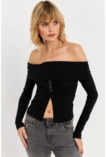 Kadın Siyah Madonna Yaka Yırtmaçlı Crop Bluz ELT4034