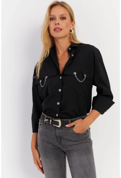 Kadın Siyah Metal Detaylı Gömlek ASF13
