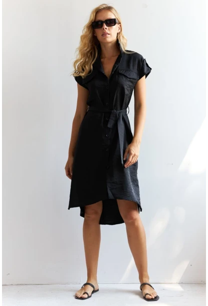 Kadın Siyah Midi Gömlek Elbise PP5509