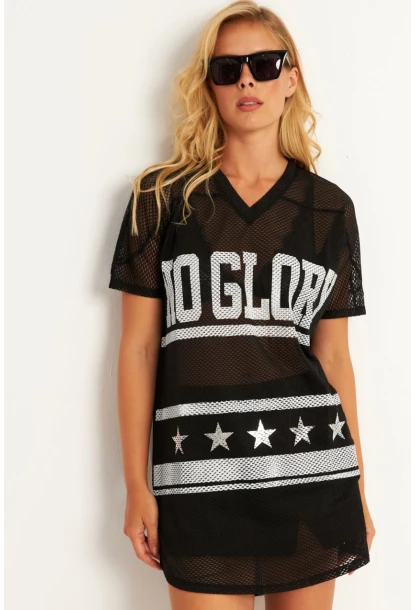 Kadın Siyah Mini File Baskılı Elbise TH1112