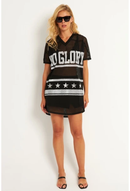 Kadın Siyah Mini File Baskılı Elbise TH1112